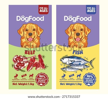 Dog food packaging label set featuring beef and fish flavors. Perfect for premium pet food branding, healthy nutrition products, retail packaging, pet shops, and veterinary food packaging designs.