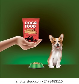 Dog food packet in young woman's hand