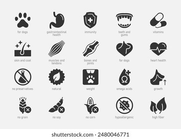 Hundefutter Eigenschaften Vektorgrafik Icon Set im Glyph-Stil