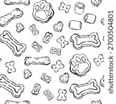 Dog food. Seamless pattern with pet snacks. Black and white print for pet themed designs, textiles and packaging. Pet store.