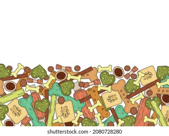 Dog food and snacks. Template Multicolored image. Close-up. There is free space for text. Vector illustration.
