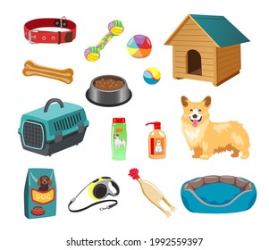 Dog With Its Food, Toys, Brush, Bowls Vector Illustration Set. Cartoon Animals Collar, Kennel, Balls, Shampoo, Crate And Dog-lead. Pet Shop, Domestic Animals Concept