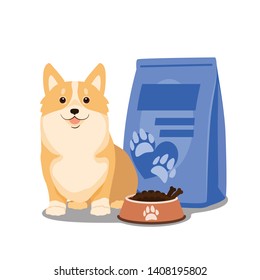 Dog food vector. Illustration of cartoon happy dog with full bowl of dry food and dog food package. 