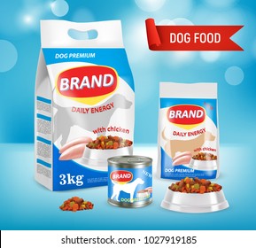 Dog food vector realistic illustration. Paper bag, doy-pack plastic bag, bowl with dry food, canned food on blue background. New premium dog food brand advertising poster.