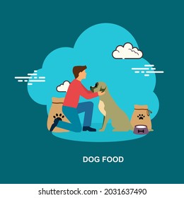 Dog food with young boy playing and feeding food to dog flat icon design