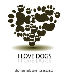 dog foot print hear. i love dogs. animal paws. vector illustration