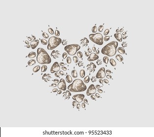 Dog Foot prints arrow shape free hand drawing on gray background