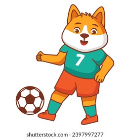 A dog football game. Score a goal.Draw paths for the ball. Cute animal Soccer player.Isolated on white background.Character cartoon vector illustration.