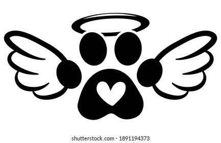 Dog footprint angel with wings, gloria, bone and footprints, paws. - Hand drawn positive tattoo. Modern brush design. Memory ink. Love your dog. Inspirational vector graphic. 