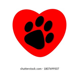 Dog footprint and heart on a white background. Symbol. Vector illustration.