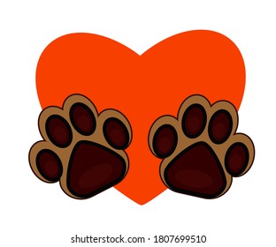 Dog footprint and heart on a white background. Symbol. Vector illustration.