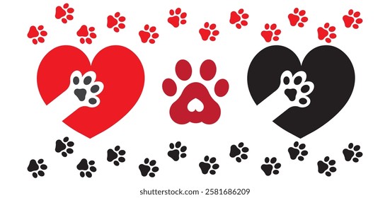 Dog Footprint Inside Love Icon, Pawprint, Cat Paw Symbol. Paw print track trail border separator silhouette clipart. Paw print vector symbol. Cute Animal Footprint Design. Pawprint, Dog Footprint.