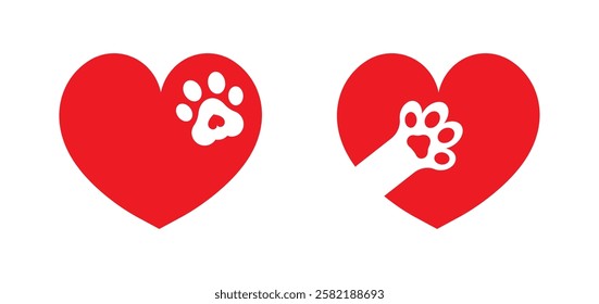 Dog Footprint Inside Love Icon, Pawprint, Cat Paw Symbol. Paw print track trail border separator silhouette clipart. Paw print vector symbol. Cute Animal Footprint Design. Pawprint, Dog Footprint.