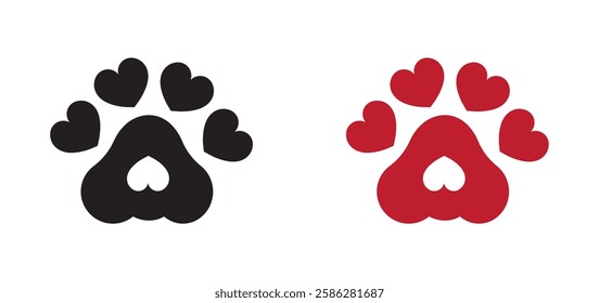 Dog Footprint Inside Love Icon, Pawprint, Cat Paw Symbol. Paw print track trail border separator silhouette clipart. Paw print vector symbol. Cute Animal Footprint Design. Pawprint, Dog Footprint.