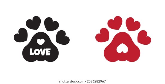 Dog Footprint Inside Love Icon, Pawprint, Cat Paw Symbol. Paw print track trail border separator silhouette clipart. Paw print vector symbol. Cute Animal Footprint Design. Pawprint, Dog Footprint.