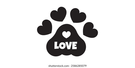 Dog Footprint Inside Love Icon, Pawprint, Cat Paw Symbol. Paw print track trail border separator silhouette clipart. Paw print vector symbol. Cute Animal Footprint Design. Pawprint, Dog Footprint.