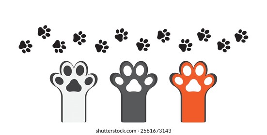 Dog Footprint, Pawprint, Cat Paw Symbol, Icon Set. Paw print track trail border separator silhouette clipart. Paw print vector symbol. Cute Animal Footprint Design. Pawprint, Dog Footprint.