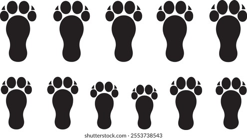 Dog footprint silhouette vector set, Black color footprint graphic illustration design. Footstep clipart, icon and logo. Pawprint symbol and sign art.