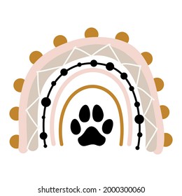 Dog footprints in boho rainbow logo. - lovely vector decoration. Good for logo elements, posters, textiles, gifts, t shirts. Pet lover symbols.