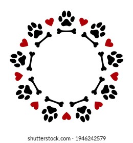 Dog footprints, dog bones and hearts in wreath shape. - lovely vector decoration. Good for logo elements, posters, textiles, gifts, t shirts. Pet lover symbols.