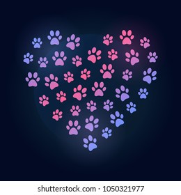 Dog footprints in heart shape colored illustration. Vector bright heart with dog paw prints symbol on dark background