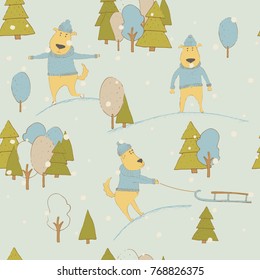 Dog and Forest. Holiday seamless vector pattern. Winter.