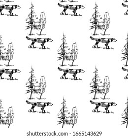 Perro en el bosque. Ilustración vectorial. Dibujo de línea.Patrón sin problemas.