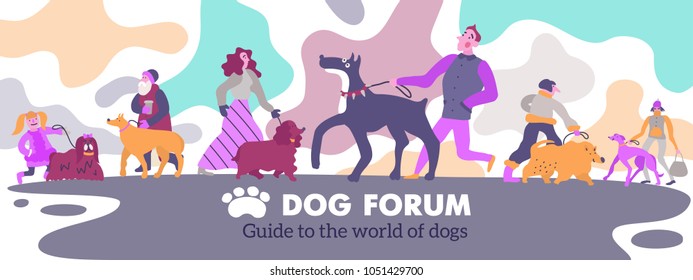 Dog forum webpage header with poodle spaniel golden retriever german mastiff terrier owners abstract background vector illustration 