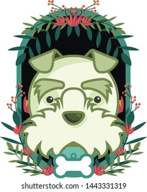 dog frame. cute vector dog design with natural leaves and floral photo frame. editable name on necklace