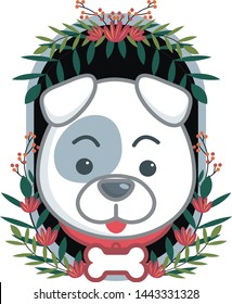 dog frame. cute vector dog design with natural leaves and floral photo frame. editable name on necklace
