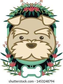 dog frame. cute vector dog design with natural leaves and floral photo frame. editable name on necklace