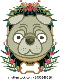 dog frame. cute vector dog design with natural leaves and floral photo frame. editable name on necklace