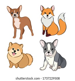 Dog Free Hand Drawing collection in Vector illustration of funny cartoon different breeds dog in trendy fate style isolated on white.