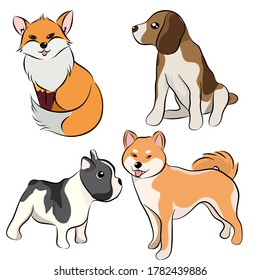 Dog Free Hand Drawing collection illustration of funny cartoon different breeds dogs in trendy flat Style. Isolated on white background.