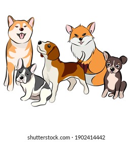 Dog free hand drawing collection in vector illustration of funny cartoon different breeds dogs in Trendy  flat style. Isolated on white background.