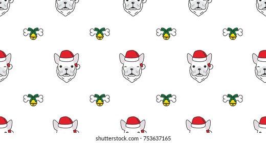 Dog french bulldog Christmas Santa Claus gift bone vector seamless pattern wallpaper background