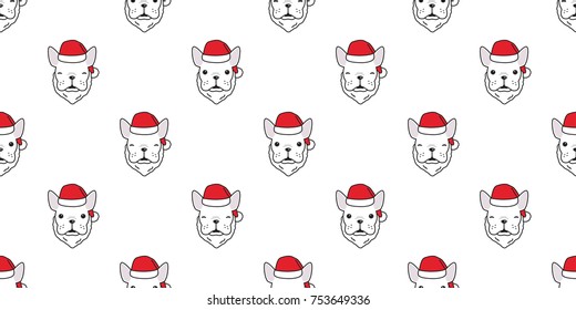 Dog french bulldog Christmas Santa Claus new year gift vector seamless pattern wallpaper background