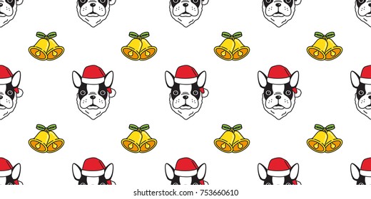 Dog french bulldog Christmas Santa Claus vector seamless pattern background wallpaper ring bell new year gift illustration