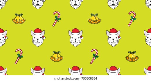 Dog french bulldog Christmas Santa Claus gift candy cane bell vector seamless pattern wallpaper background