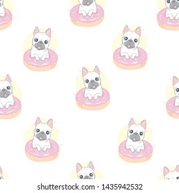 Dog French bulldog with donut seamless pattern in vector