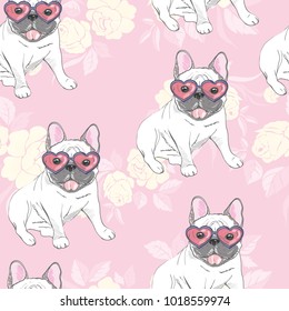 dog. french bulldog. heart sunglasses. glasses icon. illustration seamless pattern wallpaper background