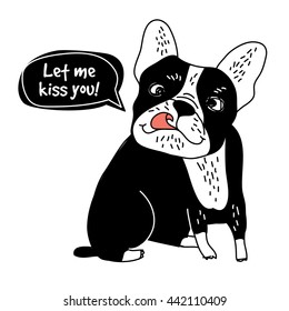 Dog French Bulldog Love Kiss And Sign Greeting Card. Color Vector Illustration. EPS8