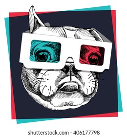 Dog French Bulldog portrait in a 3D glasses. Vector illustration.