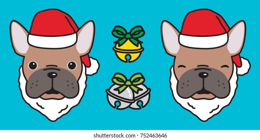 Dog french bulldog puppy Santa Claus Christmas gift new year ring bell vector illustration doodle cartoon 