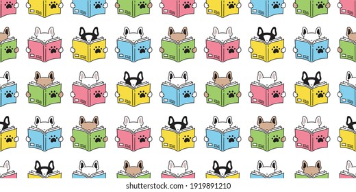 dog french bulldog seamless pattern reading book illustration cartoon