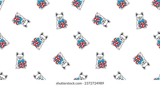 dog french bulldog seamless pattern Christmas gift box Santa Claus hat vector puppy pet doodle snowflake cartoon gift wrapping paper polka dot tile background repeat wallpaper illustration scarf isola