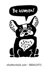 Dog French Bulldog silhouette. Cute dog ask be human. Black and white illustration.