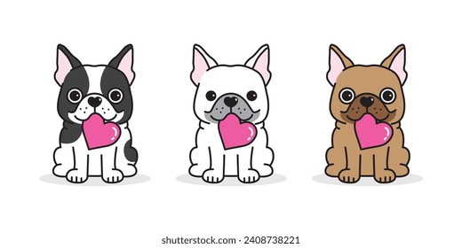 dog french bulldog valentine heart icon cartoon character puppy pet sitting smile logo breed illustration doodle symbol vector