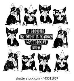 Dog French group bulldog happy home sign frame black and white poster. Monochrome vector illustration. EPS8