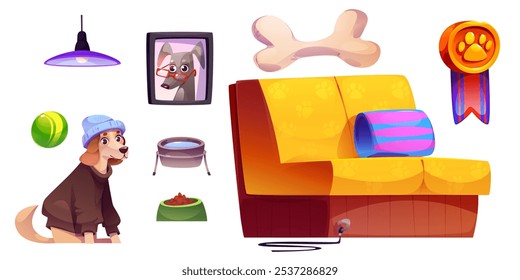 Dog friendly cafe design elements set isolated on white background. Vector cartoon illustration of cute doggy wearing clothes, sofa with decorative cushion, pet bowls with water and food, animal hotel